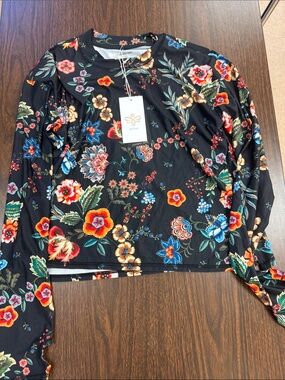 Johnny Was Black Floral Long Sleeve Tee